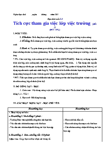 Giáo án Đạo đức Lớp 3 VNEN - Tuần 12: Tích cực tham gia việc lớp việc trường (Tiết 1) - Lê Thị Xuân