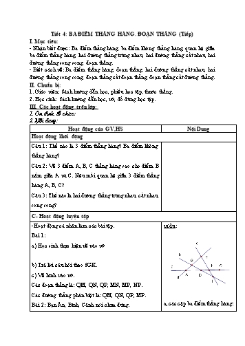 Giáo án Hình học Lớp 6 VNEN - Chương I: Điểm, đường thẳng, đoạn thẳng, tia - Tiết 4: Ba điểm thẳng hàng. Đoạn thẳng (Tiếp) - Đỗ Ngọc Nam