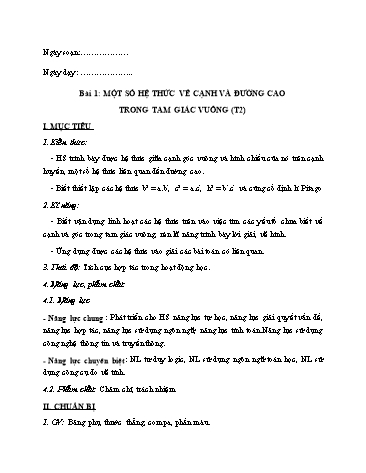 Giáo án Hình học Lớp 9 VNEN - Bài 1: Một số hệ thức về cạnh và đường cao trong tam giác vuông (Tiết 2)