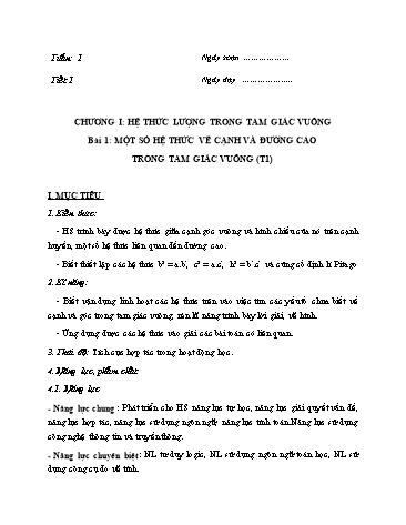 Giáo án Hình học Lớp 9 VNEN - Bài 1: Một số hệ thức về cạnh và đường cao trong tam giác vuông (Tiết 1)