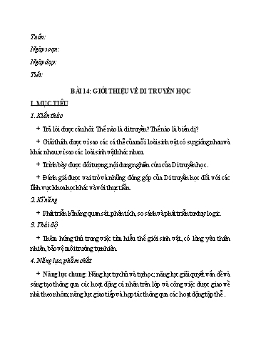 Giáo án Sinh học Lớp 9 VNEN - Bài 14: Giới thiệu về di truyền học