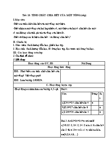 Giáo án Số học Lớp 6 VNEN - Tiết 18: Tính chất chia hết của một tổng (Tiếp) - Đỗ Ngọc Nam