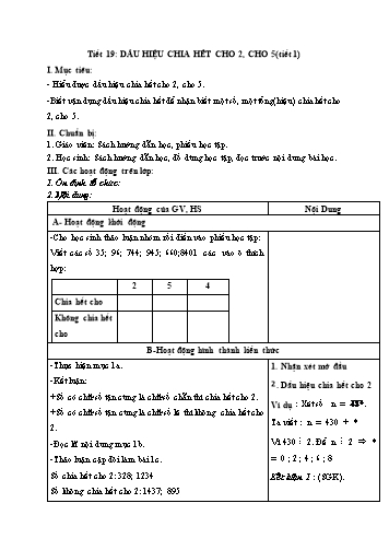 Giáo án Số học Lớp 6 VNEN - Tiết 19: Dấu hiệu chia hết cho 2, cho 5 (Tiết 1) - Đỗ Ngọc Nam