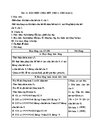 Giáo án Số học Lớp 6 VNEN - Tiết 21: Dấu hiệu chia hết cho 3, cho 9 (Tiết 1) - Đỗ Ngọc Nam