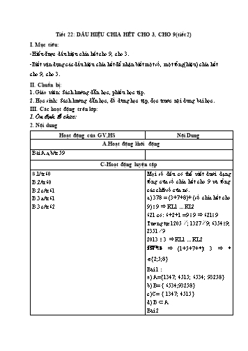 Giáo án Số học Lớp 6 VNEN - Tiết 22: Dấu hiệu chia hết cho 3, cho 9 (Tiết 2) - Đỗ Ngọc Nam