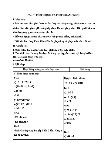 Giáo án Số học Lớp 6 VNEN - Tiết 7: Phép cộng và phép nhân (Tiết 2) - Đỗ Ngọc Nam