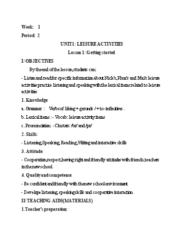 Giáo án Tiếng Anh Lớp 8 VNEN - Unit 1: Leisure activities - Lesson 1: Getting started