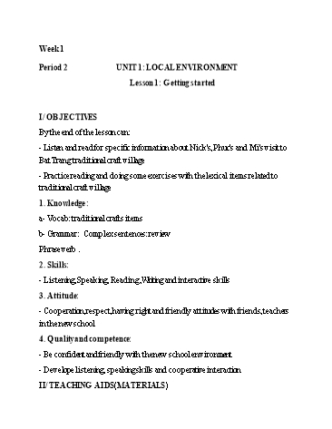 Giáo án Tiếng Anh Lớp 9 VNEN - Unit 1: Local environment - Lesson 1: Getting started