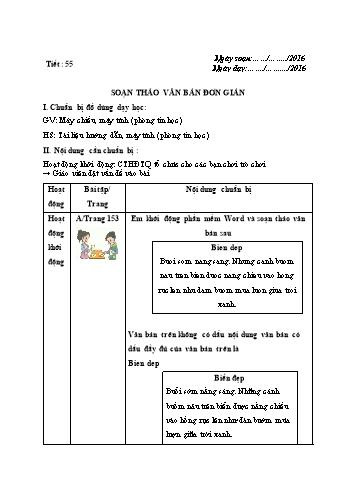 Giáo án Tin học Lớp 6 VNEN - Tiết 55: Soạn thảo văn bản đơn giản