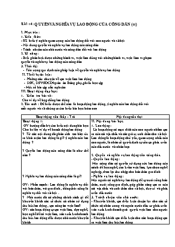 Giáo án Giáo dục công dân Lớp 9 VNEN - Bài 14: Quyền và nghĩa vụ lao động của công dân (Tiếp theo) - Huỳnh Vũ Chương