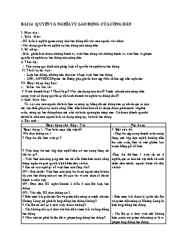 Giáo án Giáo dục công dân Lớp 9 VNEN - Bài 14: Quyền và nghĩa vụ lao động của công dân - Huỳnh Vũ Chương