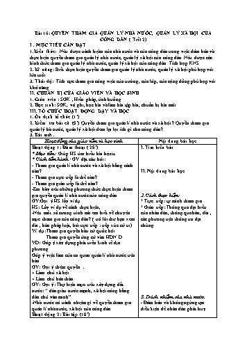 Giáo án Giáo dục công dân Lớp 9 VNEN - Bài 16: Quyền tham gia quản lý nhà nước, quản lý xã hội của công dân (Tiết 2) - Huỳnh Vũ Chương