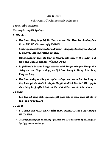 Giáo án Lịch sử Lớp 9 VNEN - Bài 23: Việt Nam từ năm 1945 đến năm 1954