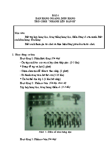 Giáo án Thể dục Lớp 2 VNEN - Bài 4: Dàn hàng ngang, dồn hàng. Trò chơi “Nhanh lên bạn ơi” - Hứa Văn Đồng